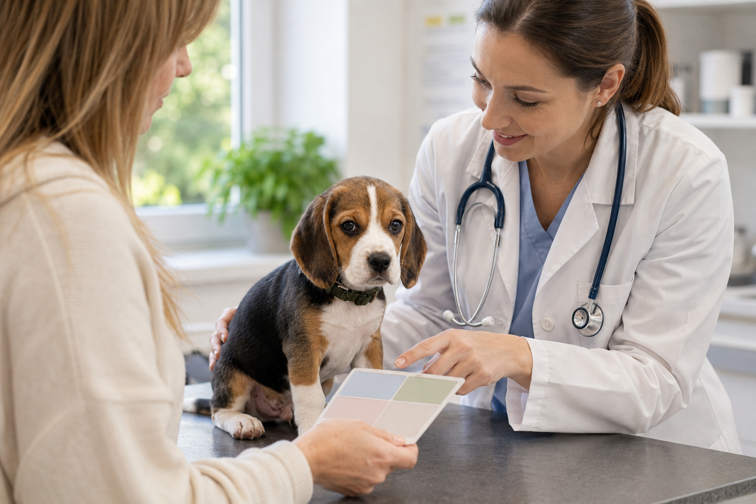 Veterinářka kontroluje očkovací průkaz štěněte bígla během klidné prohlídky